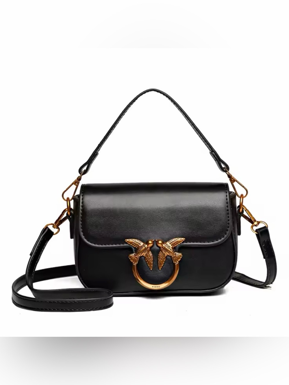New designer inspired Black Leather Crossbody with Gold Bird Ring Accent